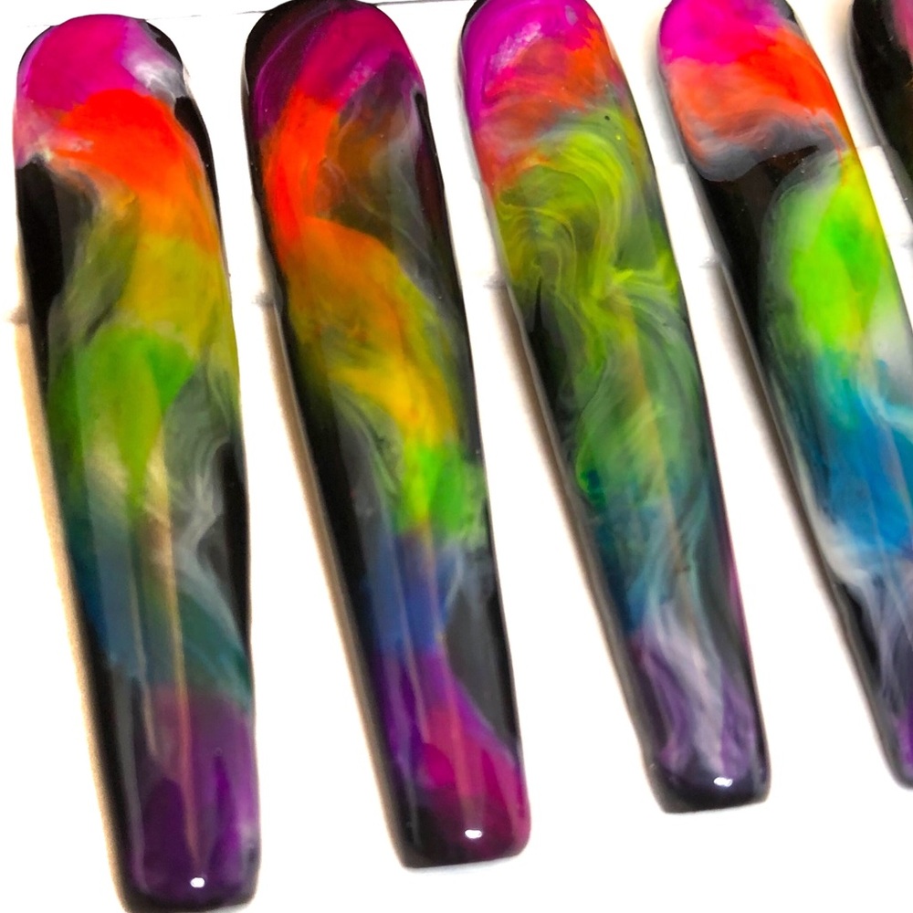 Custom Handmade Set of 22 Press On Nails 2X Long Coffin Shape Black & Ne… - Picture 2 of 9